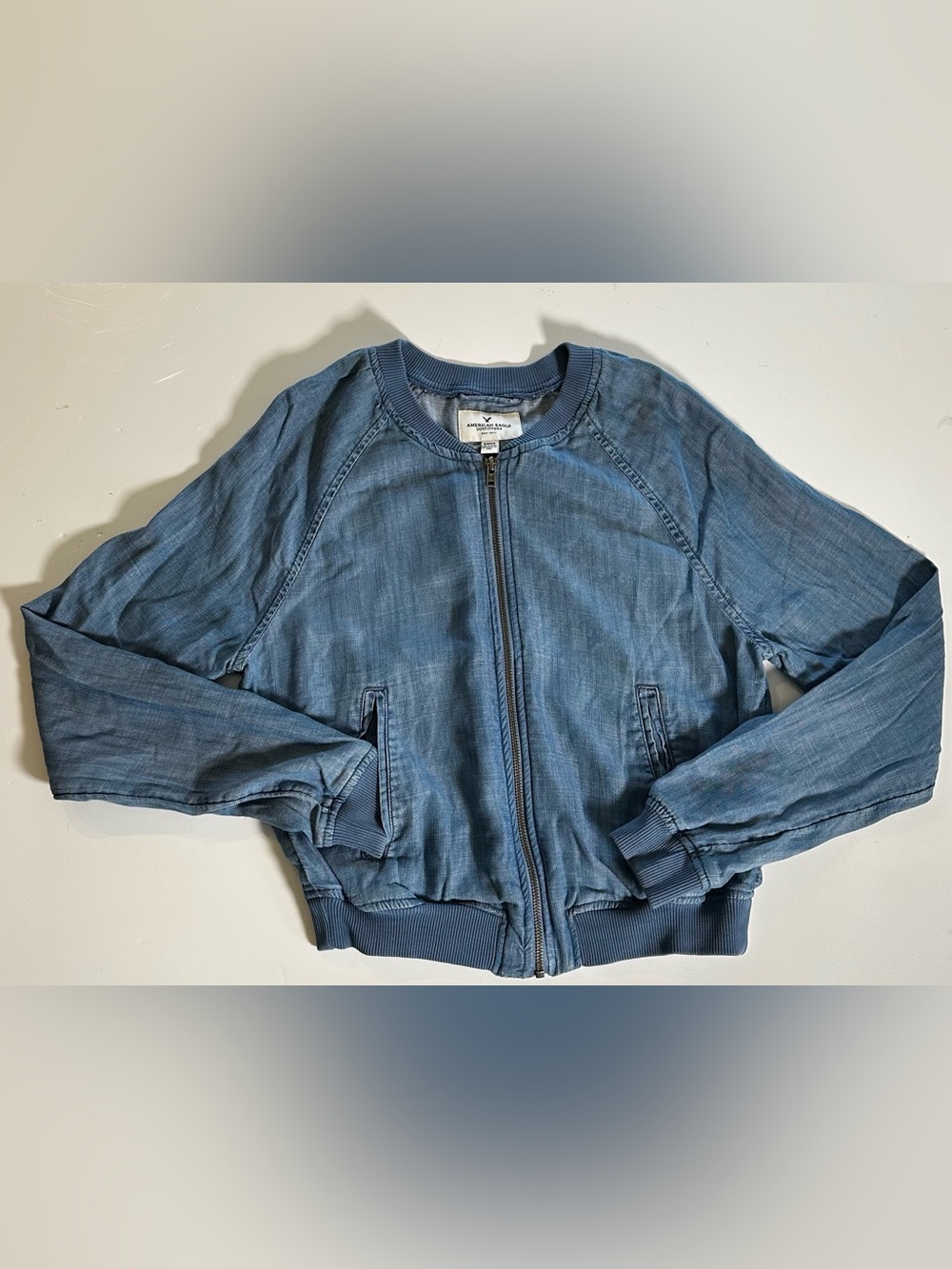 American Eagle Outfitters Kids Light Blue Denim-Style Zip Bomber Jacket